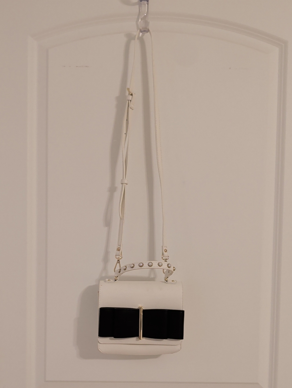 Betsey Johnson White Crossbody with Black Bow & Pearl Handle